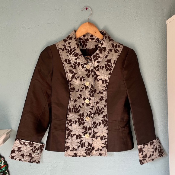 dolce & gabbana floral metallic button up jacket. brown silver silk logo blazer - Picture 1 of 9